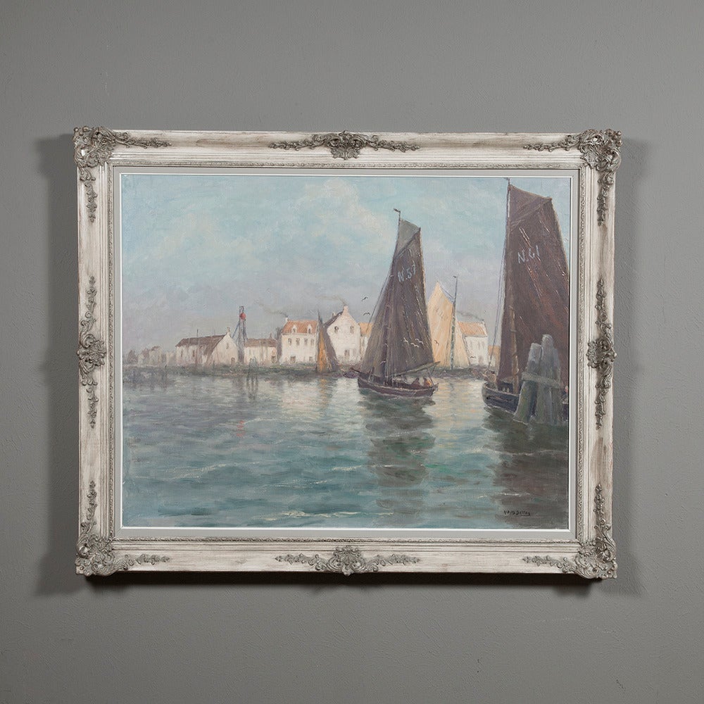 A wonderful depiction of the outskirts of fabled Brugges, this Antique Framed Oil Painting On Canvas By Albert De Vos (1868-1950) survives in its original frame.  Beginning his career as a realistic painter, he is best known for his marines: seas,