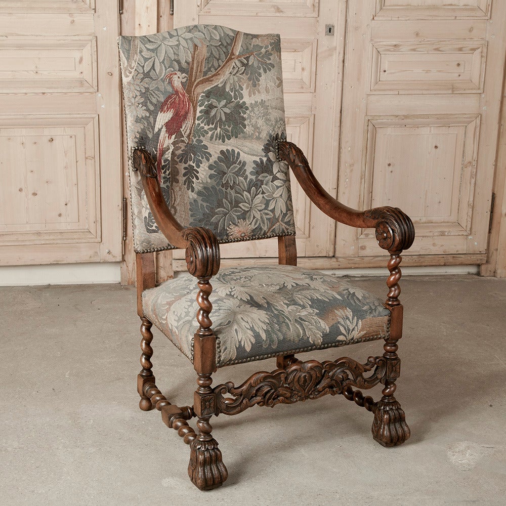 Pair of 19th century French Louis XIII tapestry armchairs in excellent condition!
Measures 47 H x 27 W x 30 D, seat 19 H.
circa 1890s.
