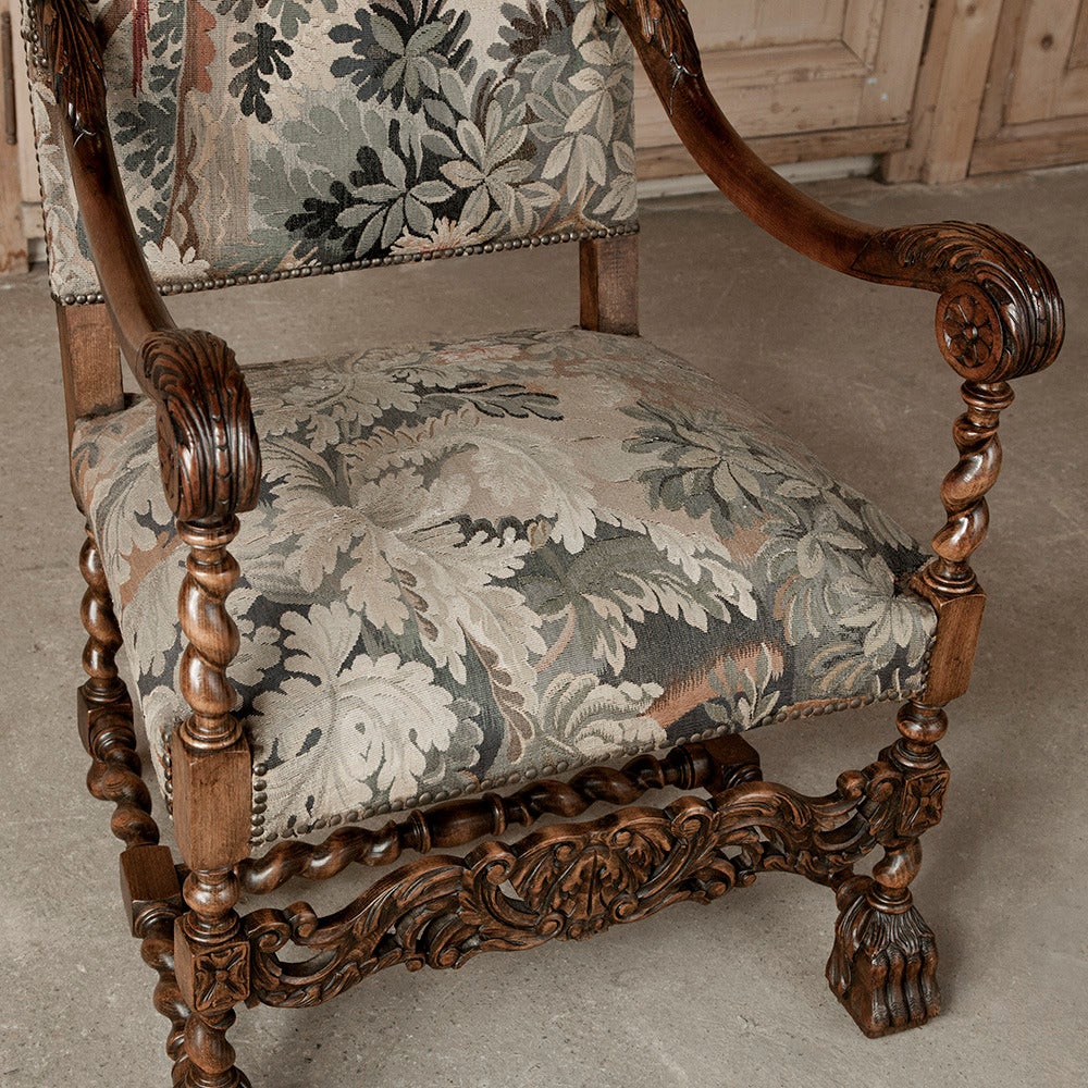 Pair of 19th Century French Louis XIII Tapestry Armchairs 1