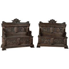 19th Century Pair of Italian Walnut Renaissance Hall Benches