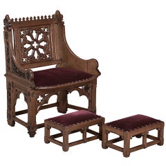 Antique French Gothic Petit Chair with Pair of Footstools