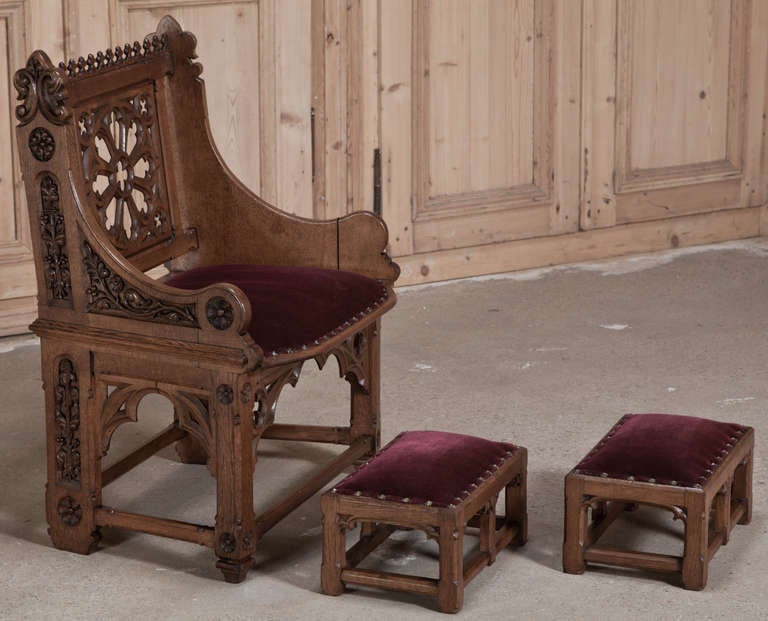 Antique French Gothic Petit Chair with Pair of Footstools In Excellent Condition In Dallas, TX