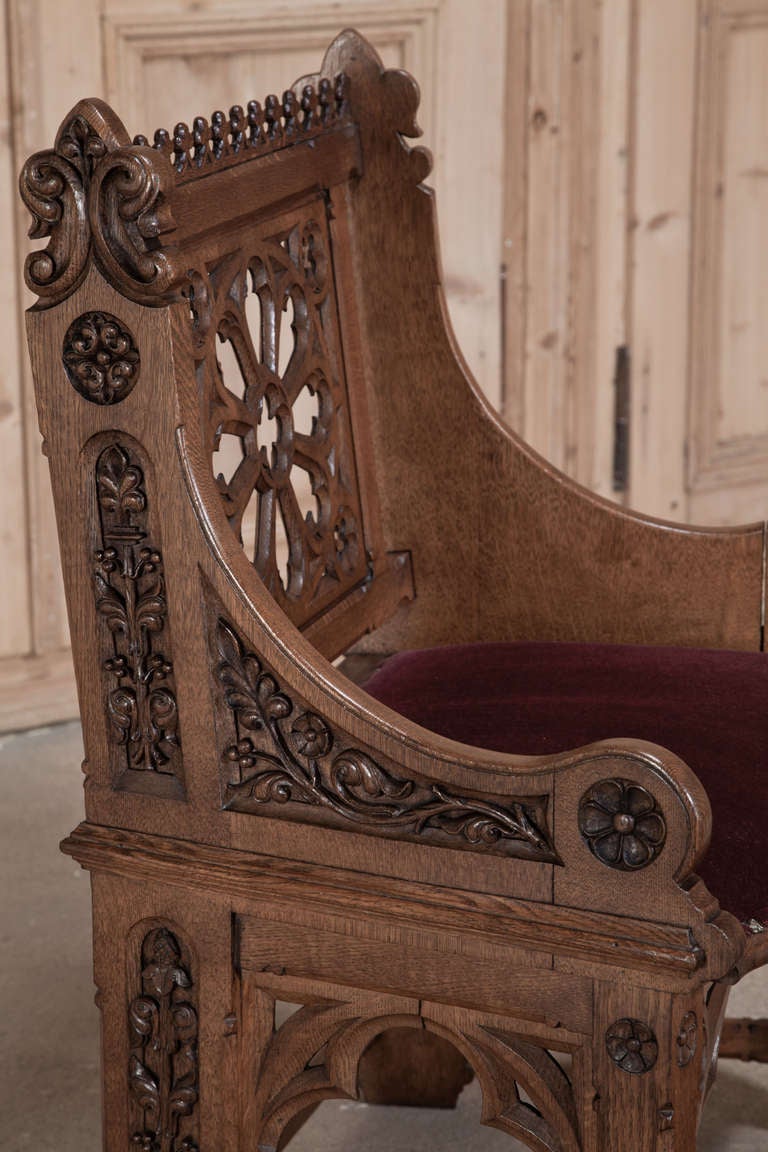 19th Century Antique French Gothic Petit Chair with Pair of Footstools