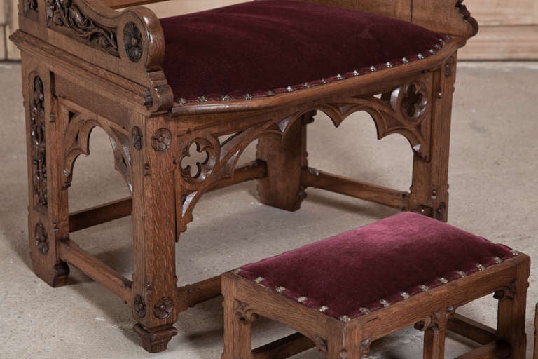 Antique French Gothic Petit Chair with Pair of Footstools 2