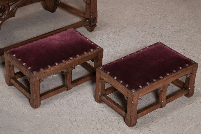 Antique French Gothic Petit Chair with Pair of Footstools 5