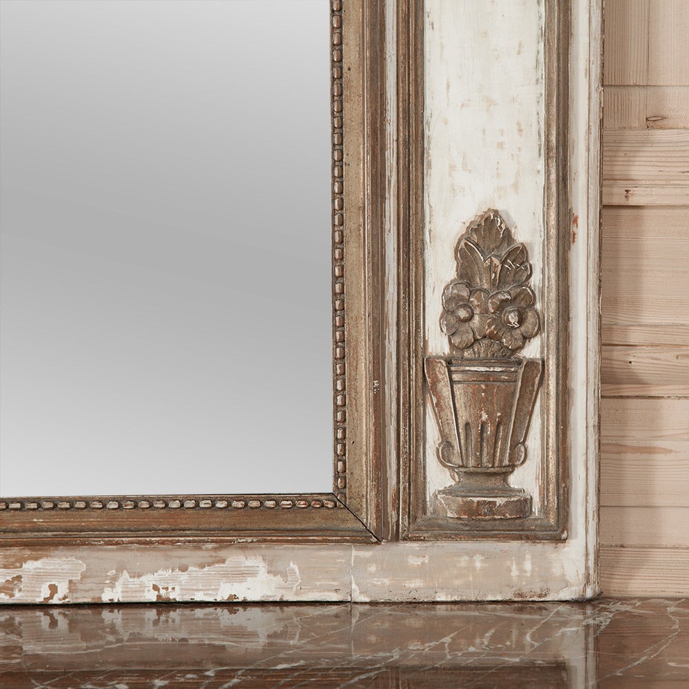 Late 19th Century 19th Century French Louis XVI White and Gold Painted Trumeau Mirror