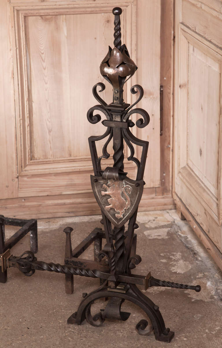 Antique Country French Wrought Iron Andirons In Excellent Condition In Dallas, TX