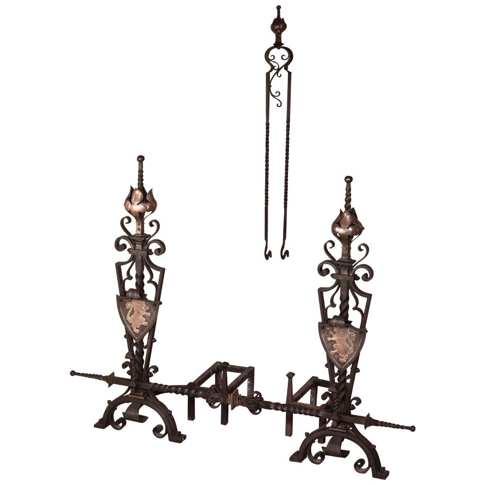 Antique Country French Wrought Iron Andirons