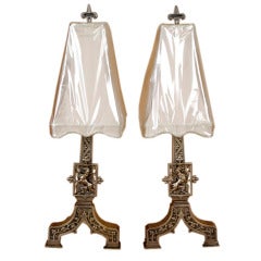 Pair Antique Bronze Andiron Table Lamps