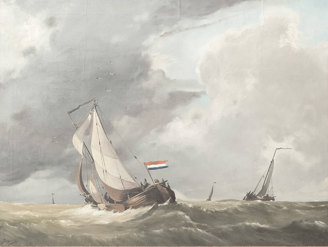 This framed oil painting on canvas by J. C. Sebotel is a superlative example of man's maritime exploits, utilizing the wind to conquer the waves in small boats. Note how the artist has captured the wisps of sunlight gleaming through the waves, with