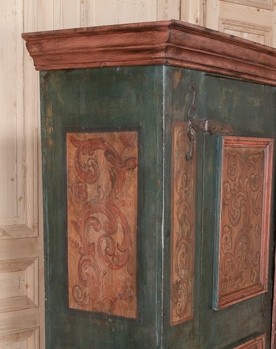 19th Century Rustic Swiss Painted Armoire In Excellent Condition In Dallas, TX