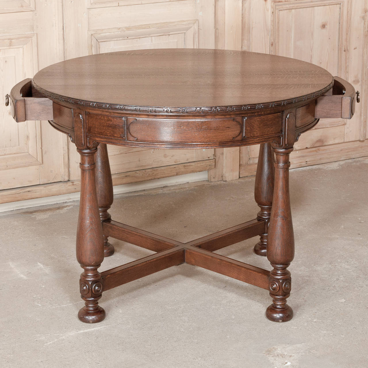 French Round Rustic Renaissance Oak Game or End Table