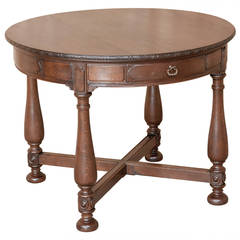 Antique French Round Rustic Renaissance Oak Game or End Table
