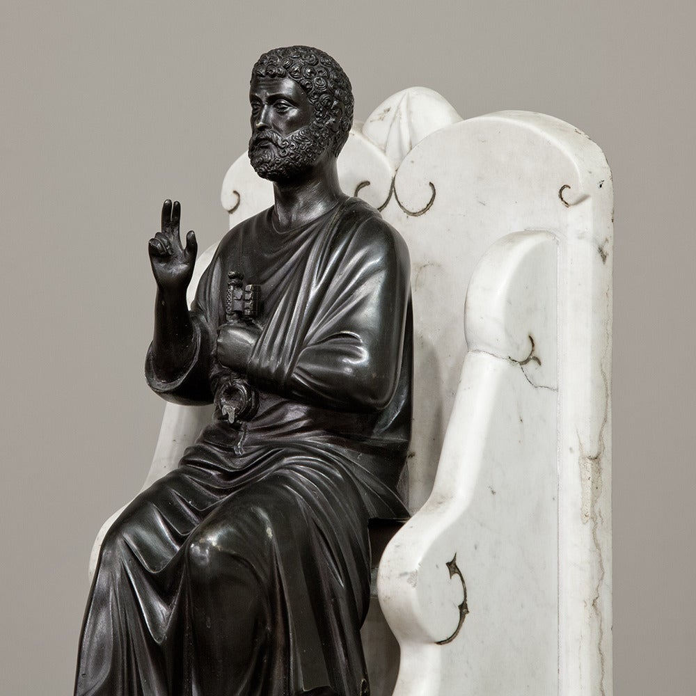 Belgian 19th Century Bronze Statue of St. Peter on Marble Throne