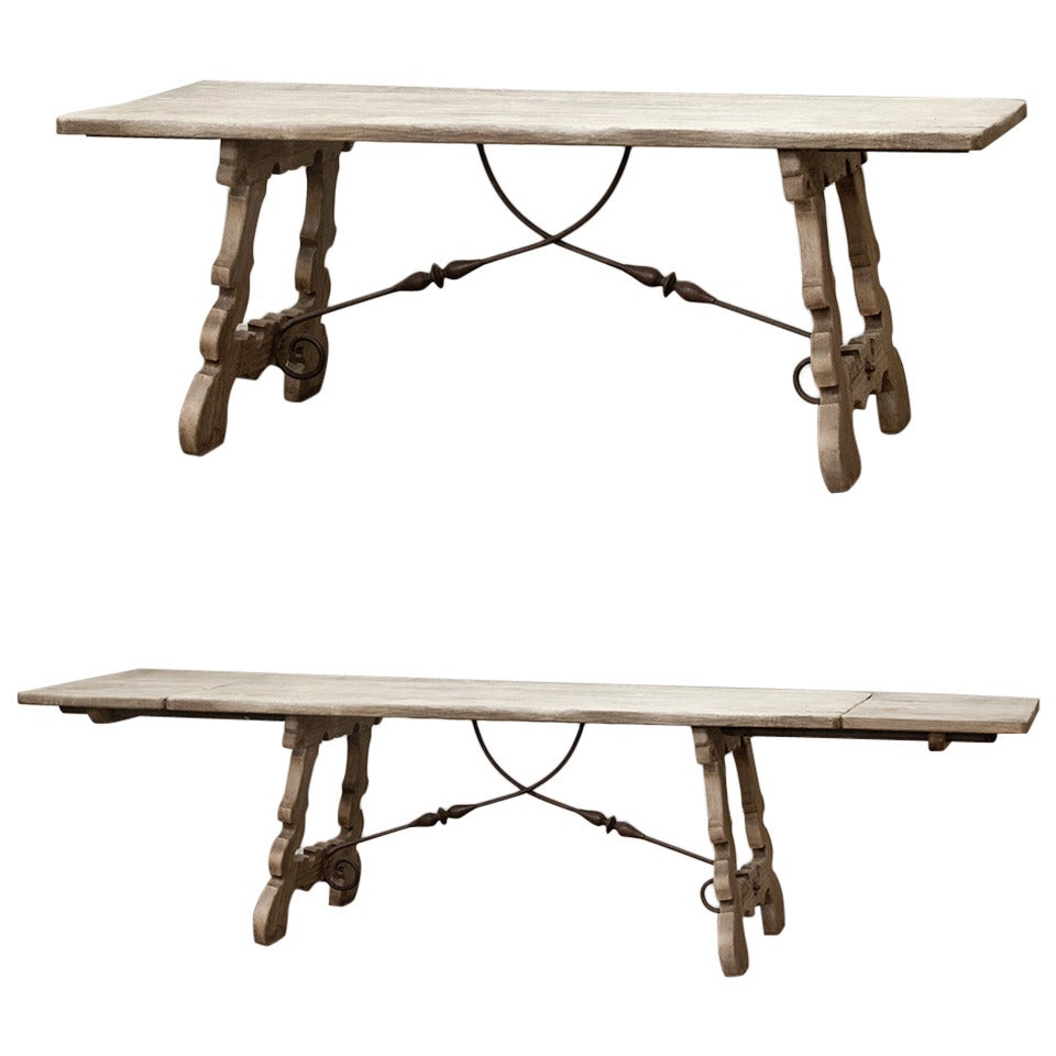 Early 1900s Antique Spanish Stripped Dining Table with Leaves