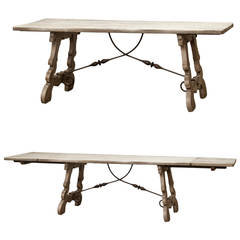 Early 1900s Antique Spanish Stripped Dining Table with Leaves