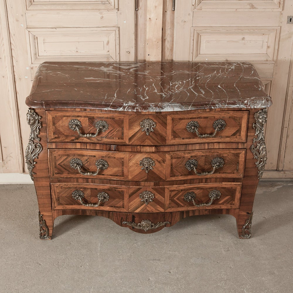 19th Century French Louis XIV Marquetry Kingwood Marble-Top Commode with Ormolu 2