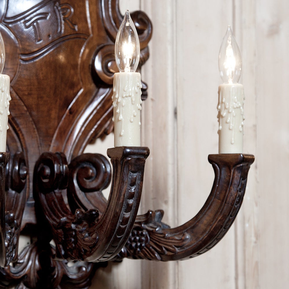 Hand-Carved Set of Four Hand Carved Italian Baroque Walnut Sconces