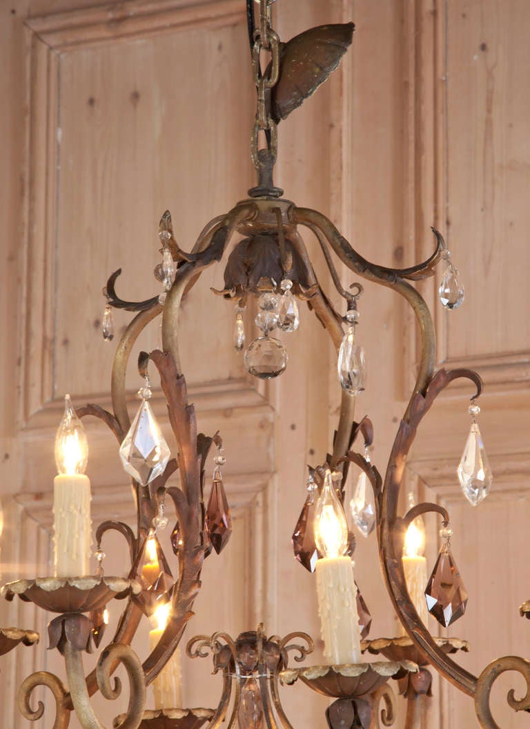 Vintage Painted Iron & Crystal Chandelier In Excellent Condition In Dallas, TX