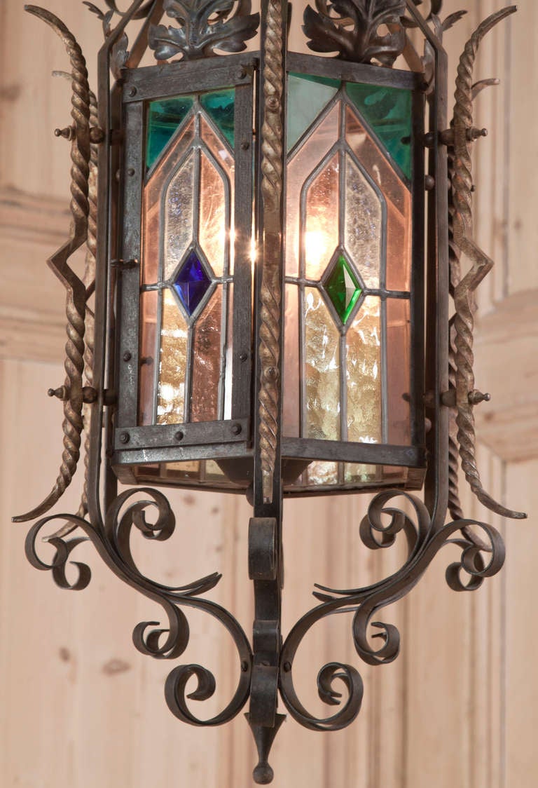 20th Century Antique Gothic Wrought Iron & Stained Glass Lantern
