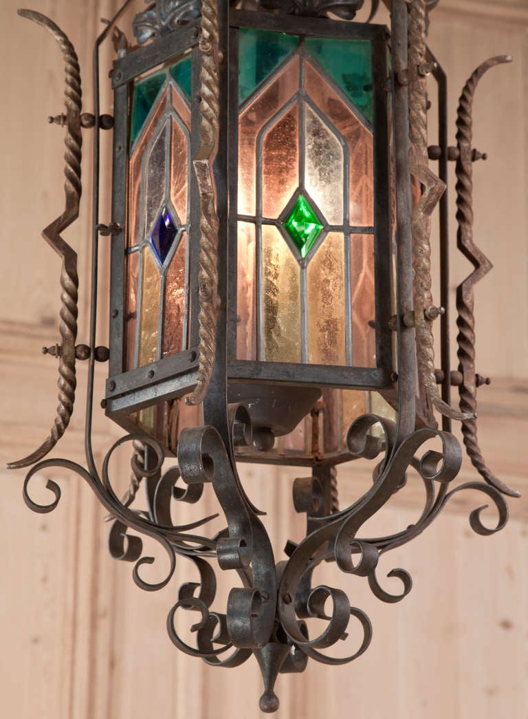 Antique Gothic Wrought Iron & Stained Glass Lantern 1