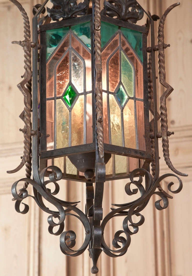 Antique Gothic Wrought Iron & Stained Glass Lantern 2