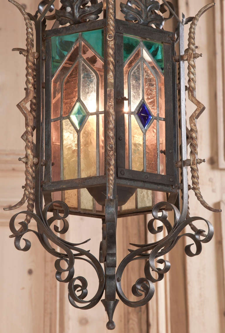 Antique Gothic Wrought Iron & Stained Glass Lantern 3
