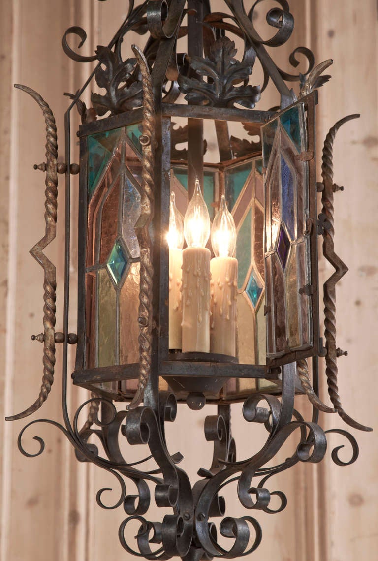 Antique Gothic Wrought Iron & Stained Glass Lantern 4