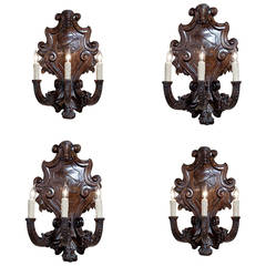 Antique Set of Four Hand Carved Italian Baroque Walnut Sconces