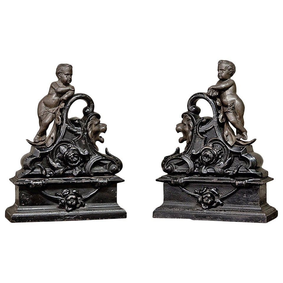 19th Century French Cast Iron Painted Andirons or Bookends