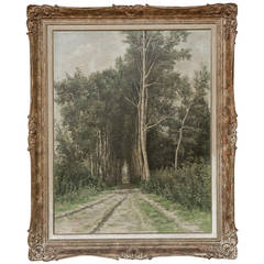 Antique Framed Pastoral Oil Painting on Canvas