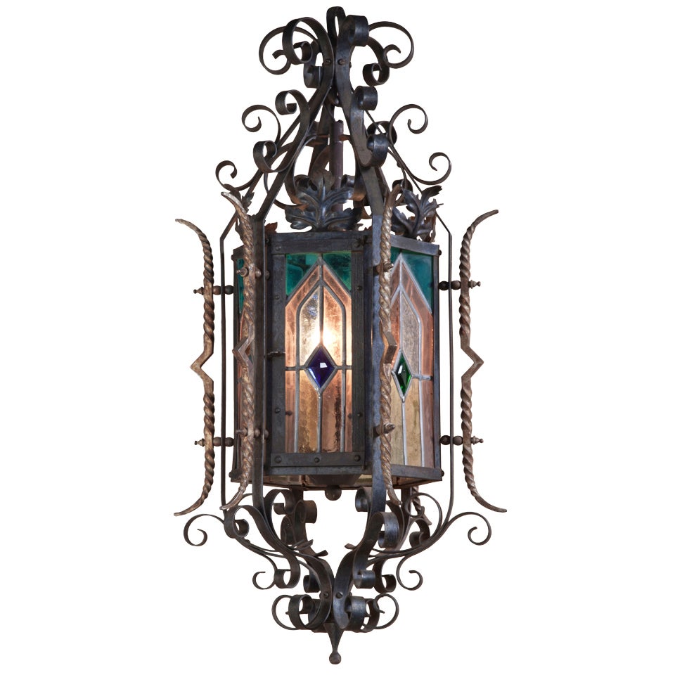 Antique Gothic Wrought Iron & Stained Glass Lantern