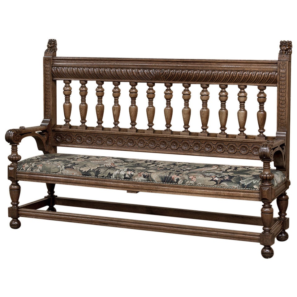 Grand 19th Century Renaissance Hand Carved Hall Bench with Tapestry