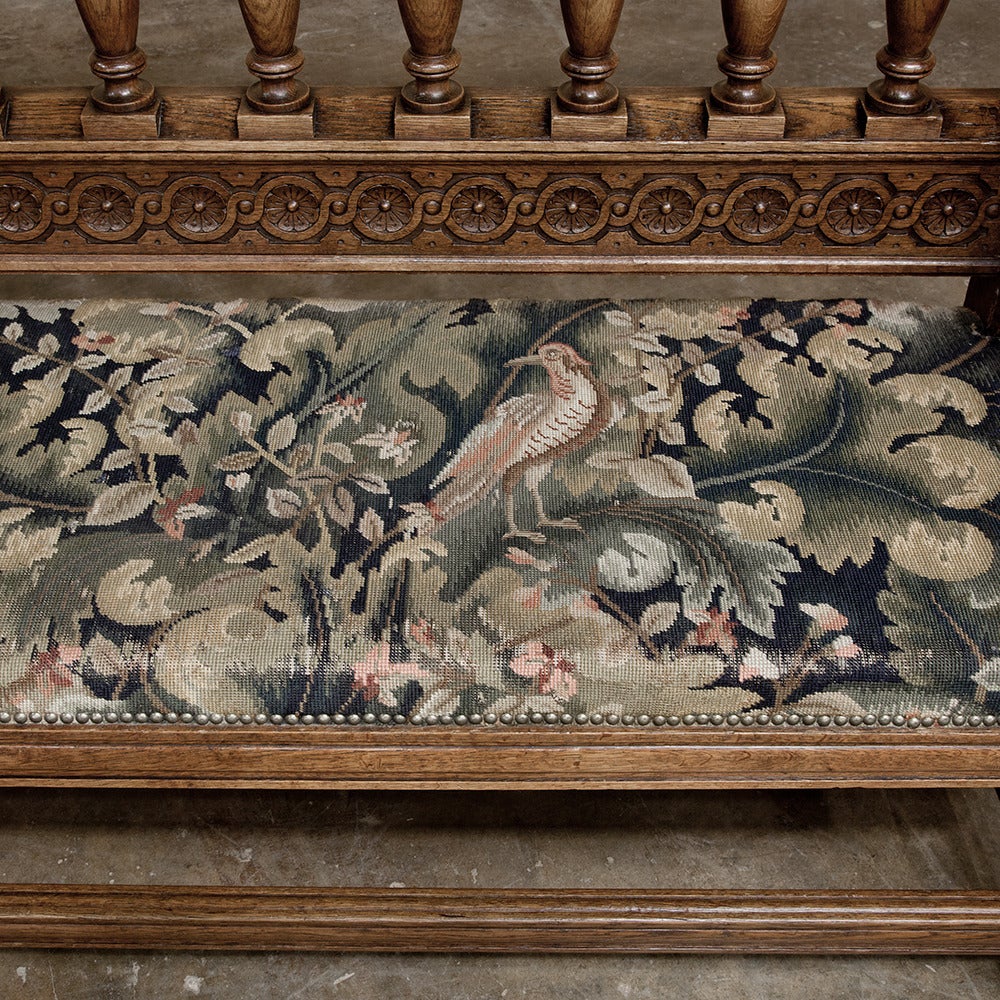 Late 19th Century Grand 19th Century Renaissance Hand Carved Hall Bench with Tapestry
