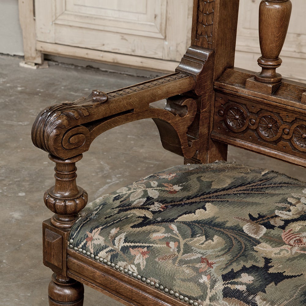 Dutch Grand 19th Century Renaissance Hand Carved Hall Bench with Tapestry