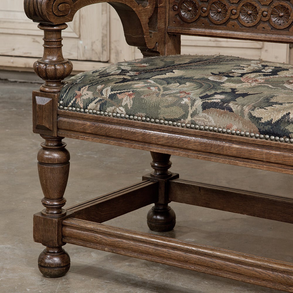 Hand-Carved Grand 19th Century Renaissance Hand Carved Hall Bench with Tapestry
