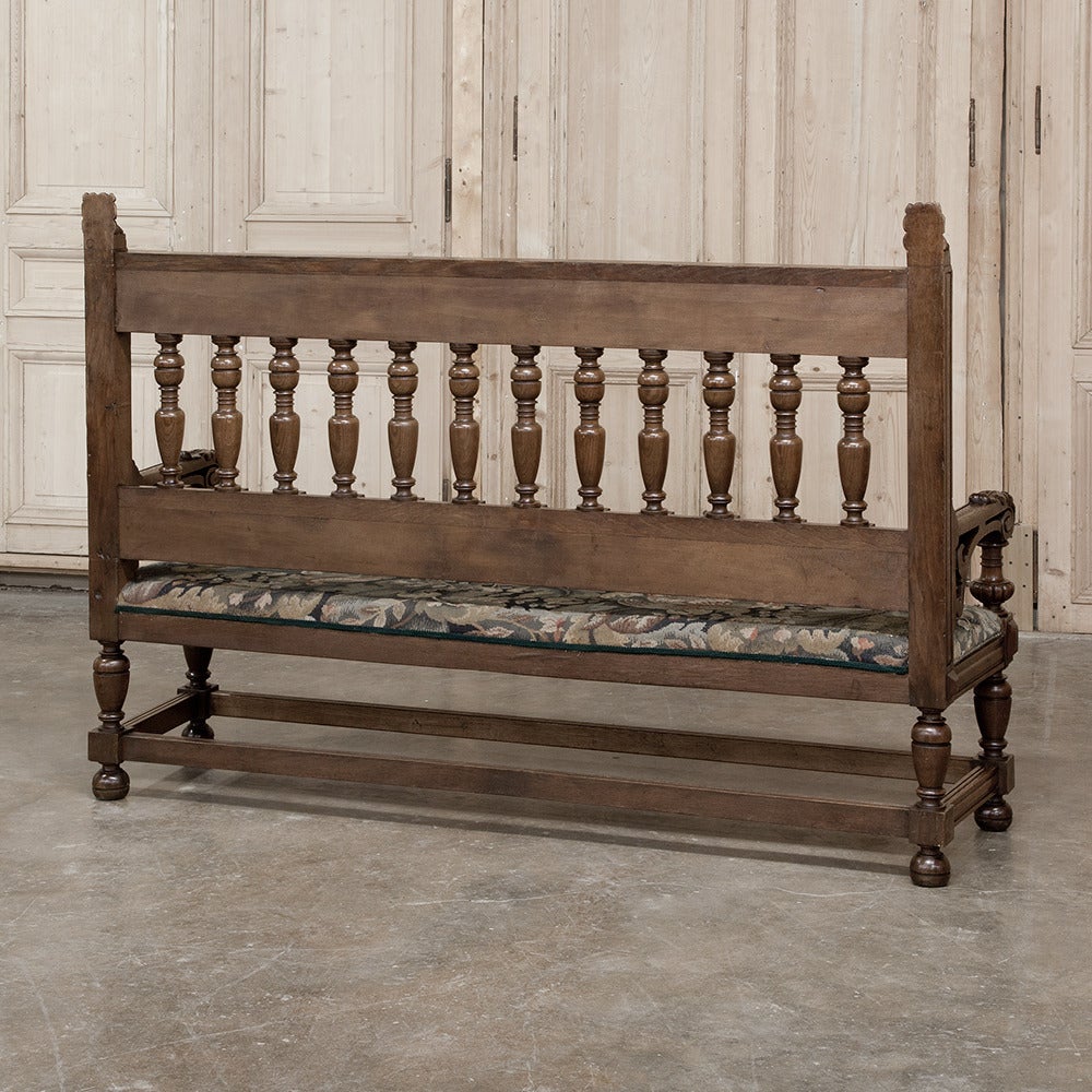 Grand 19th Century Renaissance Hand Carved Hall Bench with Tapestry 1