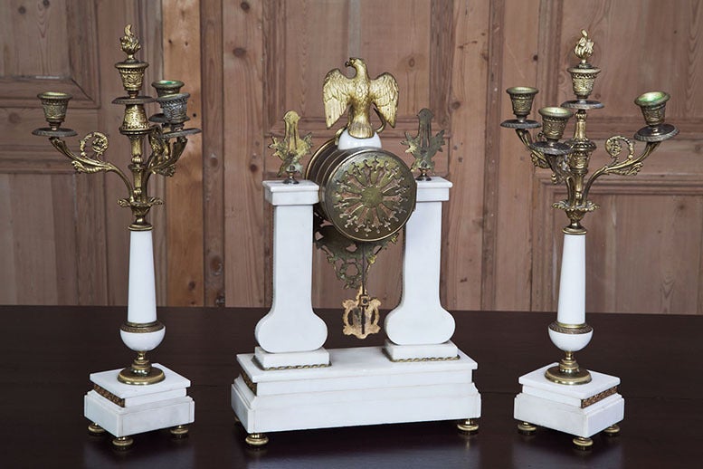 19th Century French Neoclassical Carrara Napoleon III Period Mantel Clock Set 4