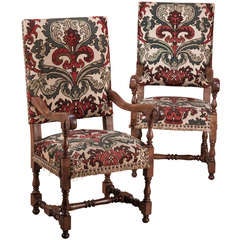 Pair Antique Louis XIV Tapestry Armchairs