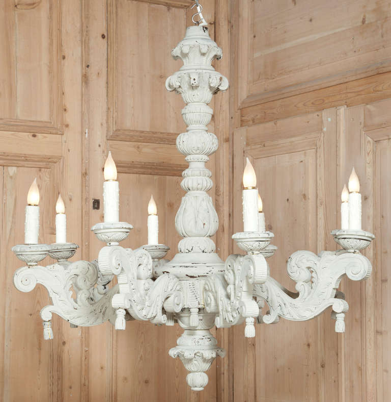 Vintage French Carved & Painted Chandelier was carved from solid wood first, then given a painted finish perfect for the 