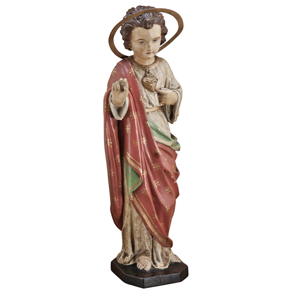 Antique Carved Wood Polychrome Statue of Jesus