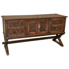 Antique French Renaissance Low Oak Credenza/Buffet/Sofa Cabinet