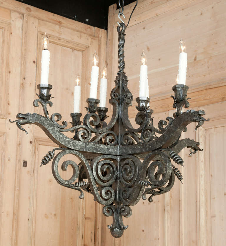 Vintage French Medieval Wrought Iron Chandelier In Excellent Condition In Dallas, TX