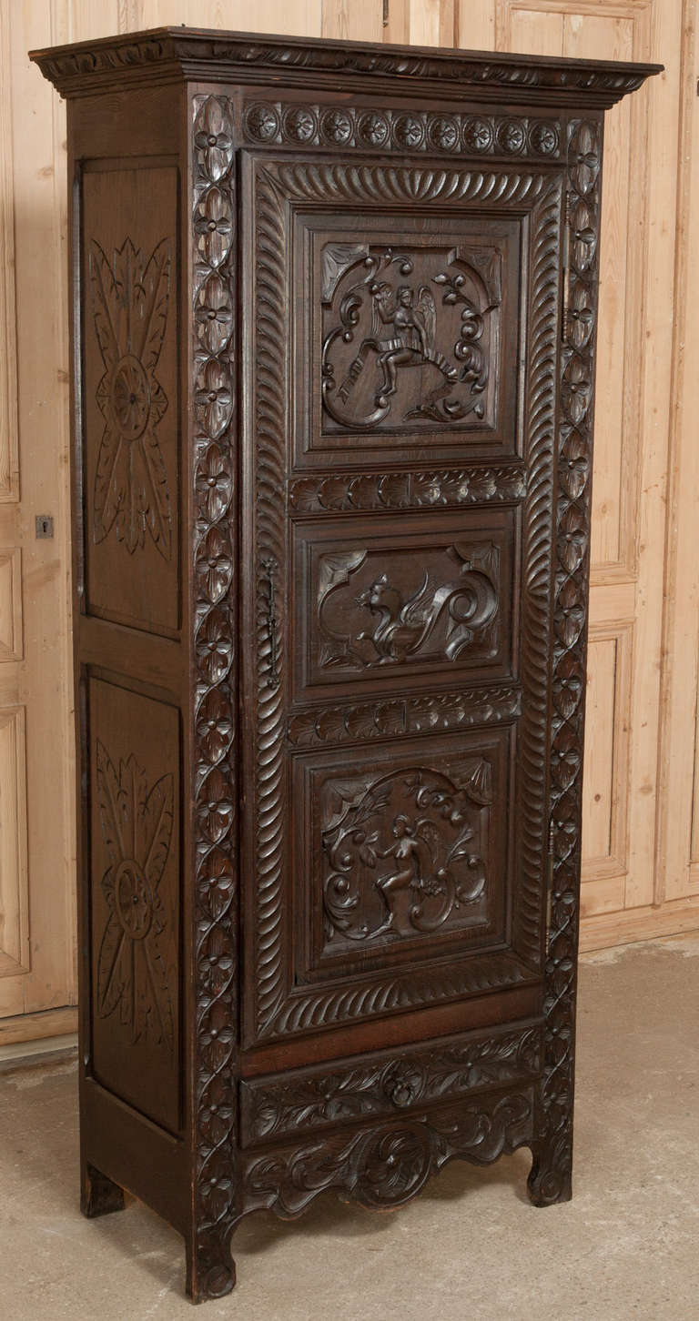 Festooned with artistic hand-carved relief across the entire facade, this Antique Renaissance Bonnetiere is a diminutive version of the armoire, designed to fit neatly near entryways and provide storage for outer garments.  These days their uses are