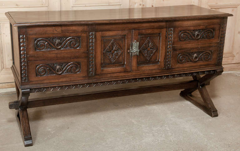 This Renaissance Low Buffet/Credenza can serve as sofa table/cabinet or in the office/library, or is just as comfortable in the dining room and hall.The Renaissance style has enjoyed many revivals over the centuries, and one of the latest was during