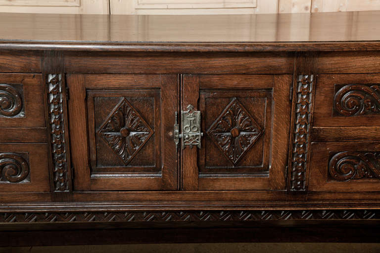 French Renaissance Low Oak Credenza/Buffet/Sofa Cabinet 1