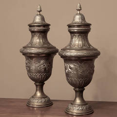 Pair of 19th Century French Embossed Brass Mantel Urns, 1890