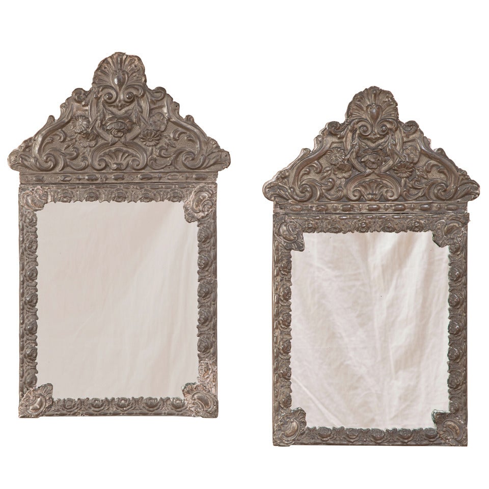 Pair Antique Embossed Brass Mirrors