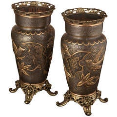 Pair Napoleon III Period Bronze Chinoiserie Vases