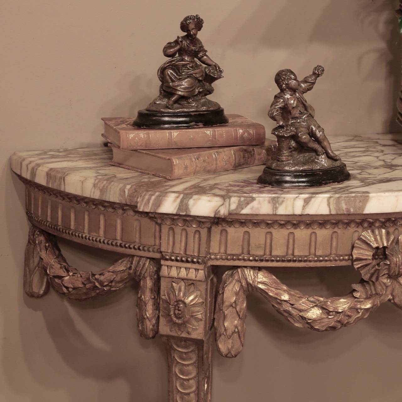 Carved 19th Century French Louis XVI Neoclassical Giltwood Marble-Top Console
